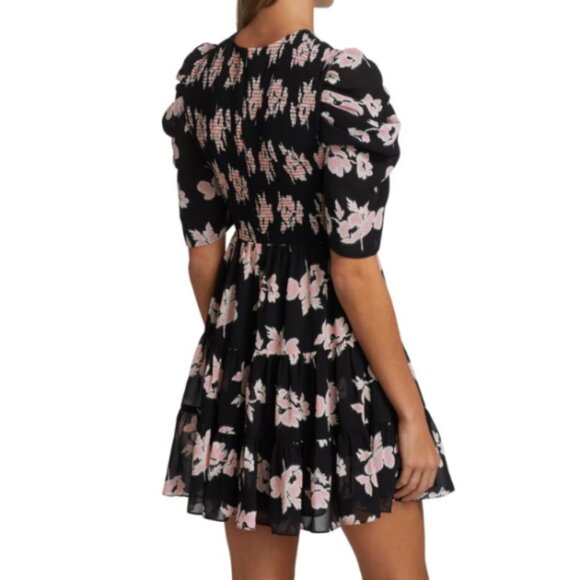 CINQ À SEPT 'Hollis' Smocked Floral-Print Mini-Dress, Black Multi - Picture 3 of 5